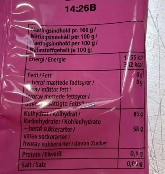 Sour Fruit Mix nutrition facts table