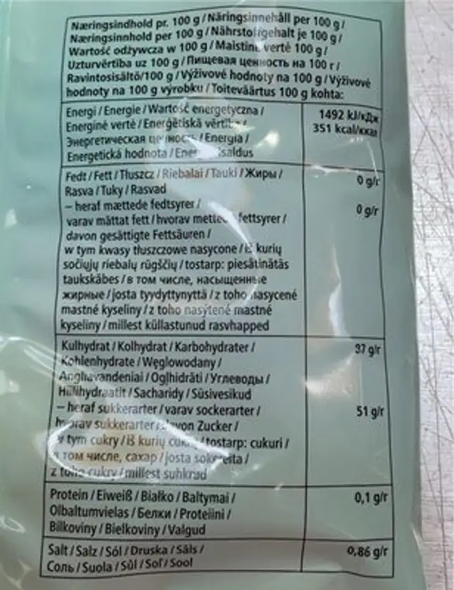 Sour Ufos nutrition facts table