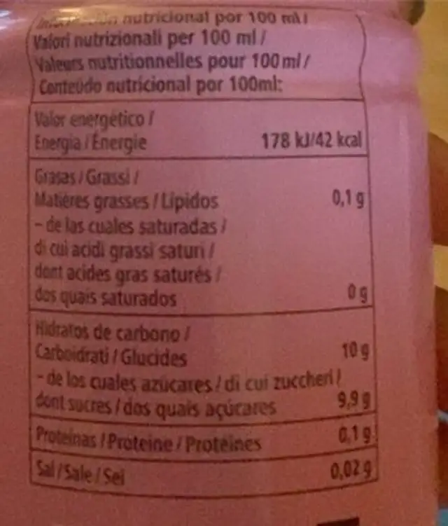 Apple juice + strawberry nutrition facts table