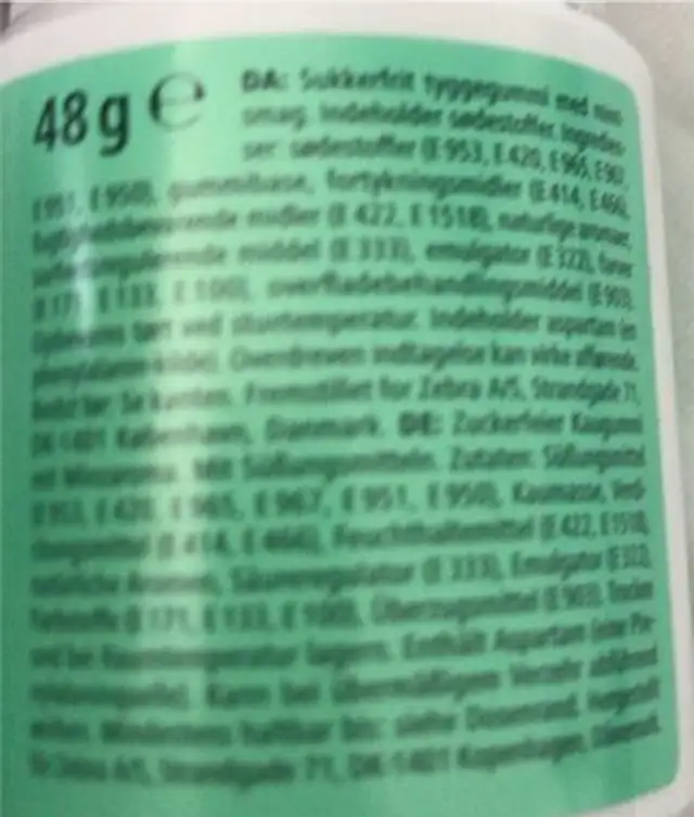 spearmint chewing gum nutrition facts table