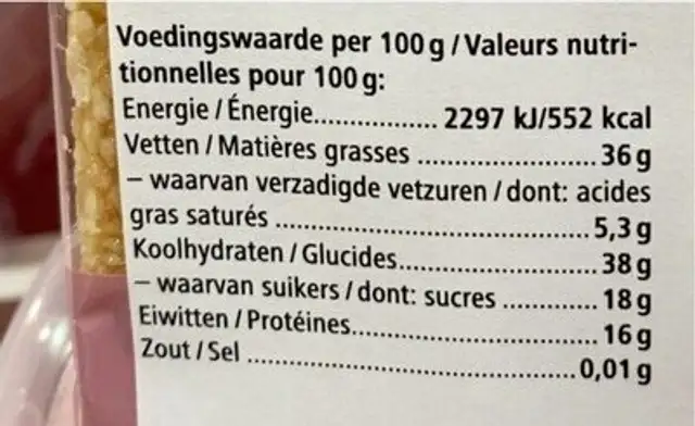 Barre de sesame nutrition facts table