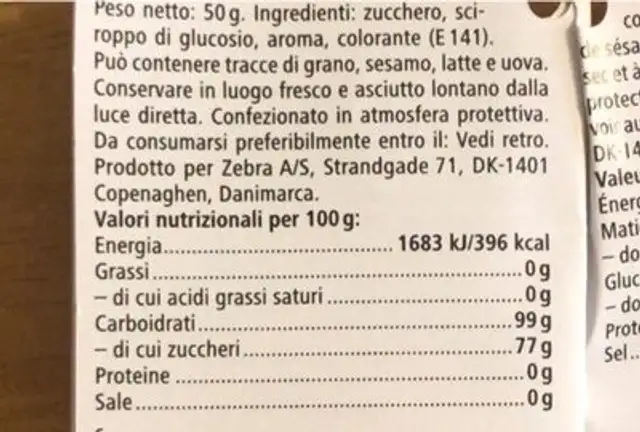 Lecca lecca nutrition facts table