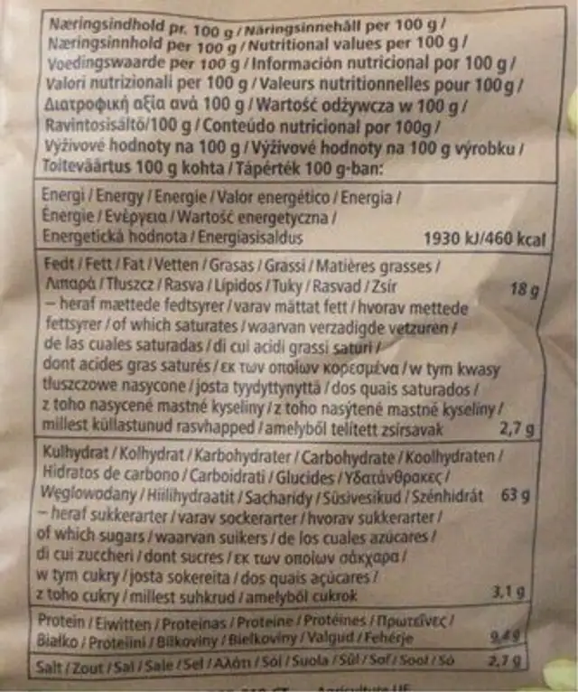 Organic twists nutrition facts table