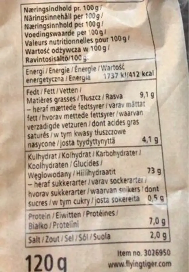 Maïs grillé salé nutrition facts table