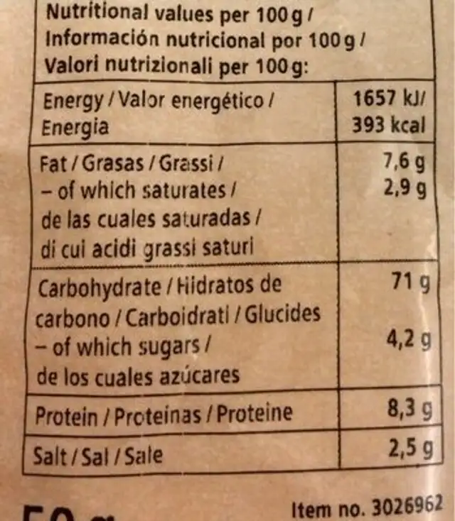 Cheesy rice snacks nutrition facts table