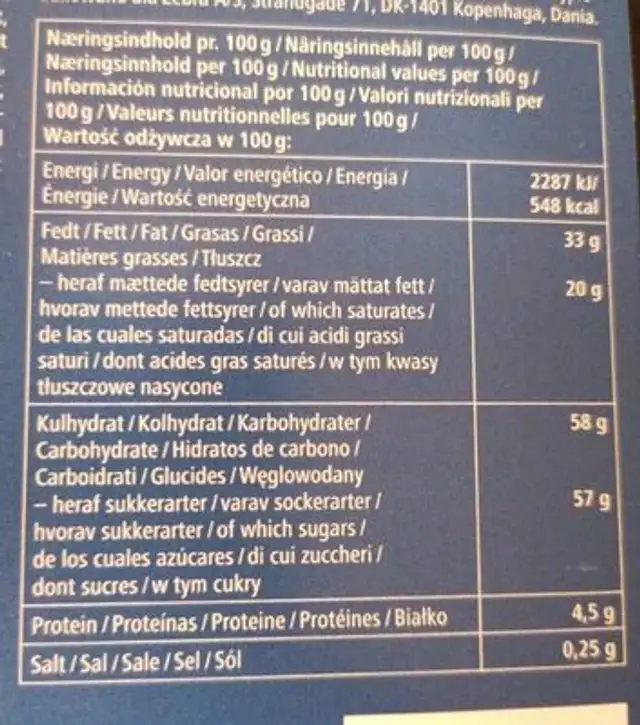 Maelkechokolade milk chocolate nutrition facts table