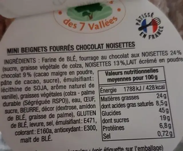 Beignet chocolat ingredients label