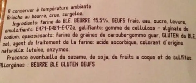 Brioche Nanterre ingredients label