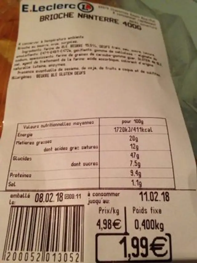 Brioche Nanterre nutrition facts table
