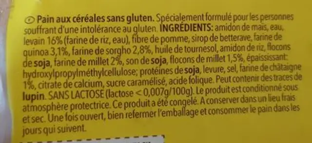 Pains aux céréales sans gluten ingredients label