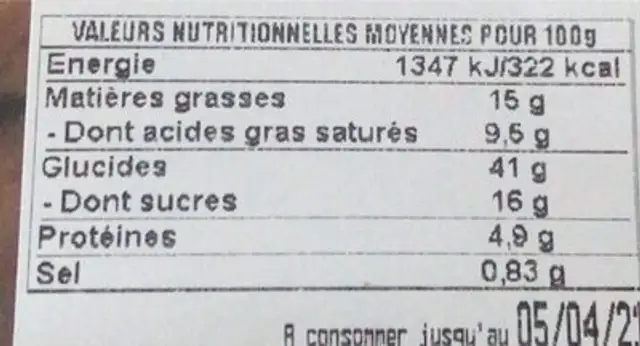 Torsade chocolat 6 nutrition facts table