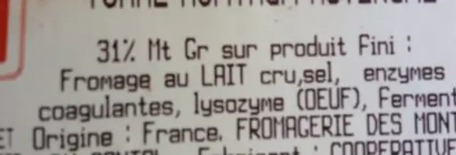 Tomme montagne Auvergne ingredients label