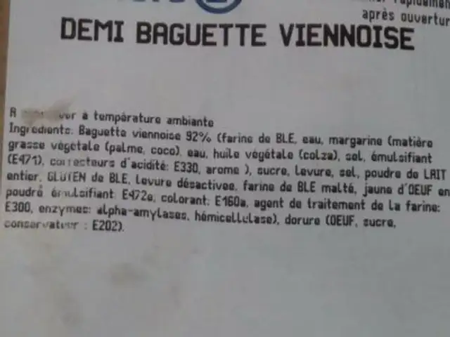 baguette viennoise ingredients label