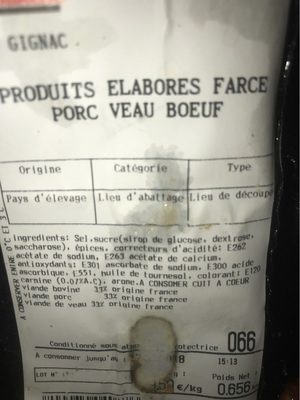 Produits elabores farce porc veau boeuf front packaging