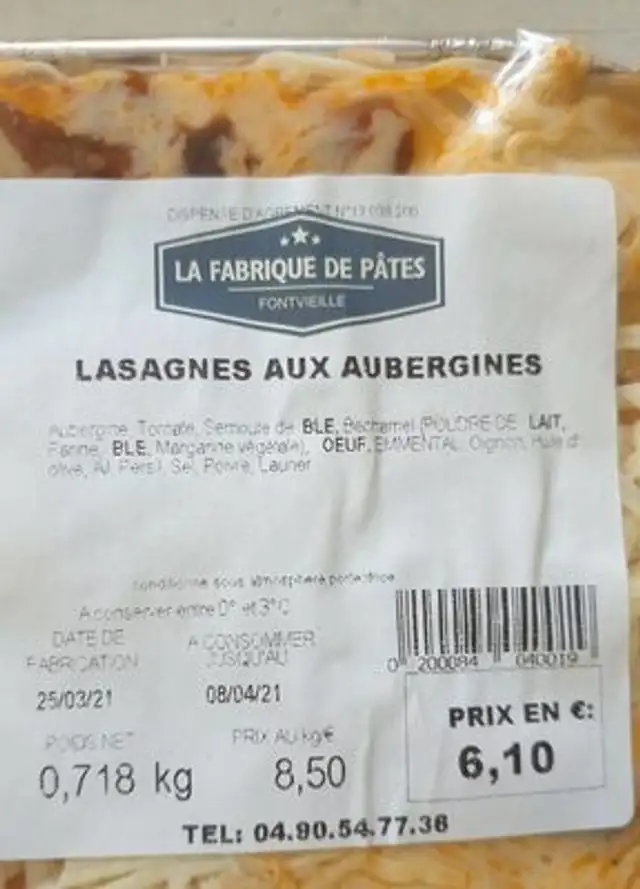 Lasagne aux aubergines nutrition facts table