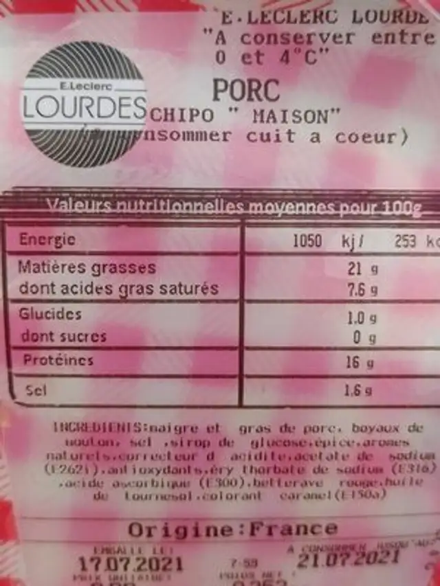 Chipolatas Leclerc nutrition facts table