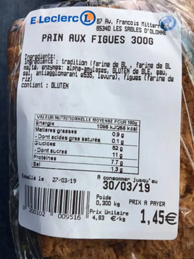 Pain aux figues nutrition facts table