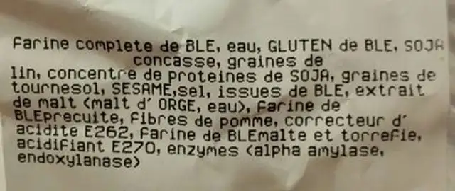 Pain Vista Forme au poids ingredients label