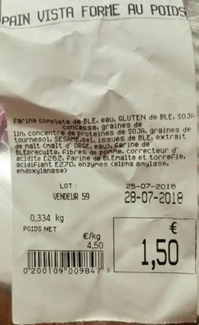 Pain Vista Forme au poids nutrition facts table