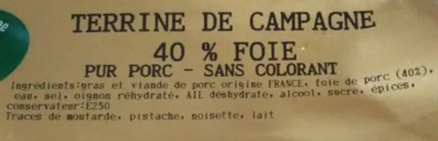 Terrine de campagne 40% foie ingredients label