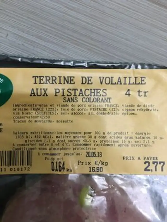 Terrine de volaille aux pistaches sans colorant ingredients label