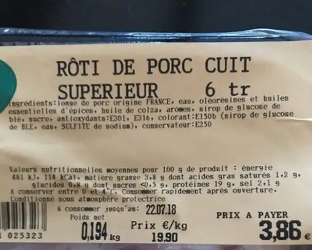 Roti de porc cuit ingredients label