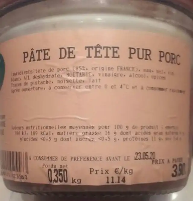 Tarte italienne ingredients label