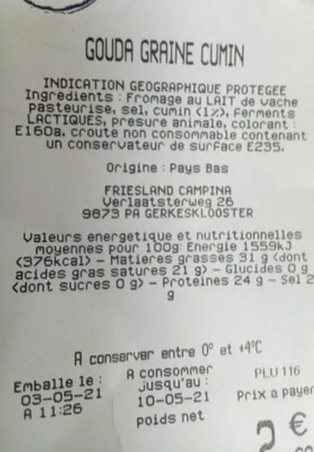 Gouda cumin nutrition facts table