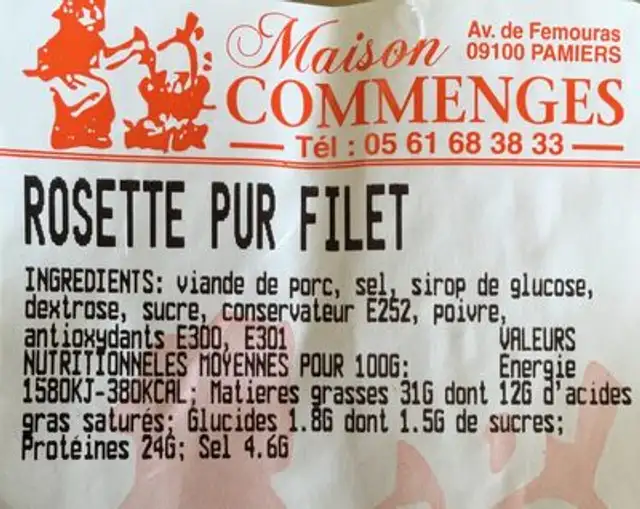 Rosette ingredients label