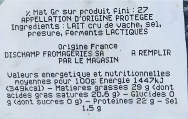 Saint nectaire nutrition facts table