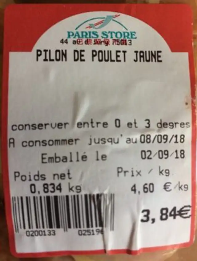 Pilons de poulet jaune ingredients label