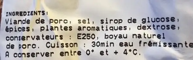 Saucisse se Montbeliard ingredients label