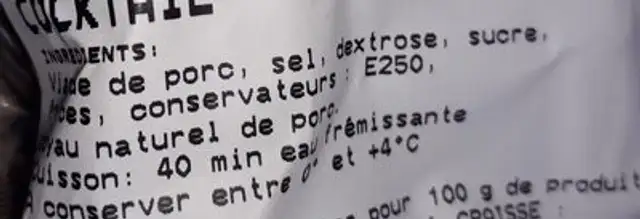 Saucisse de morceau coktail ingredients label