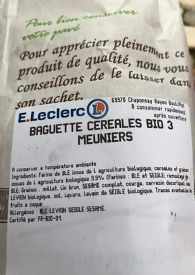 Baguette BIO céréales ingredients label