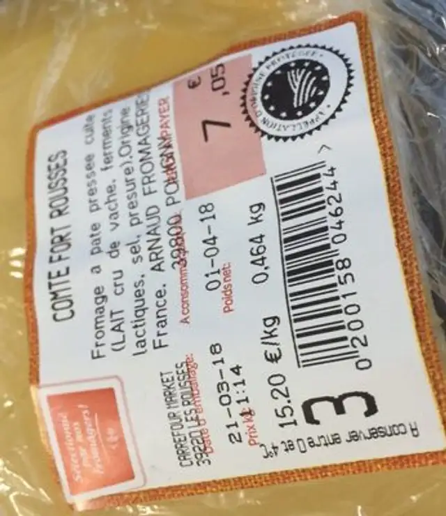 Comté 12 mois ingredients label