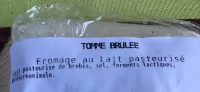 Tomme Brulee ingredients label
