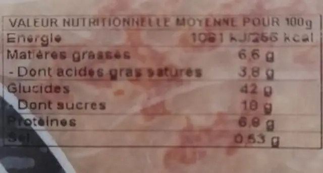 Crêpe froment nutrition facts table