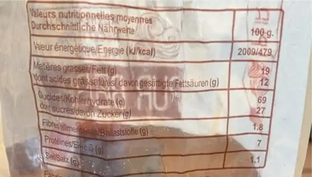 Palmiers Beurre nutrition facts table