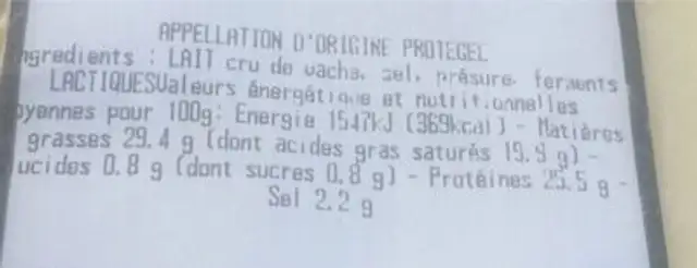 Cantal nutrition facts table