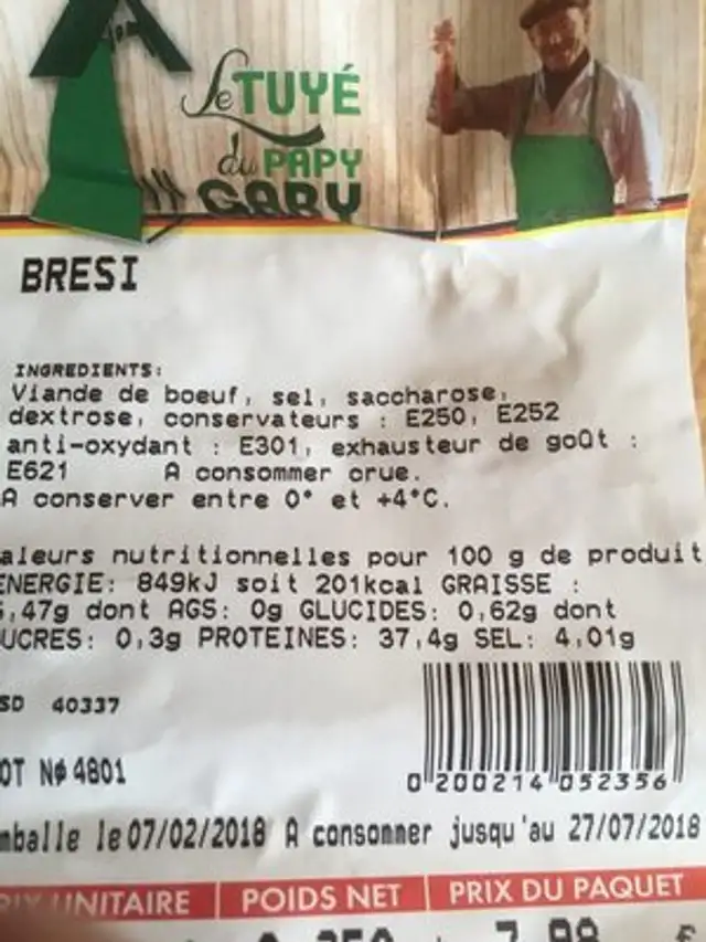 Brési ingredients label