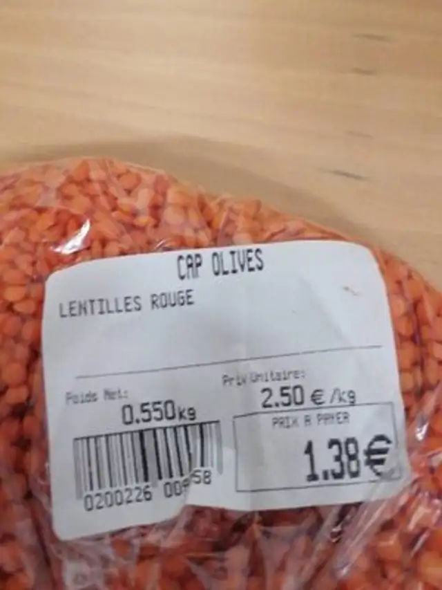 Lentilles. Rouge nutrition facts table