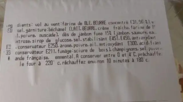 Bouchee jambon champignons ingredients label