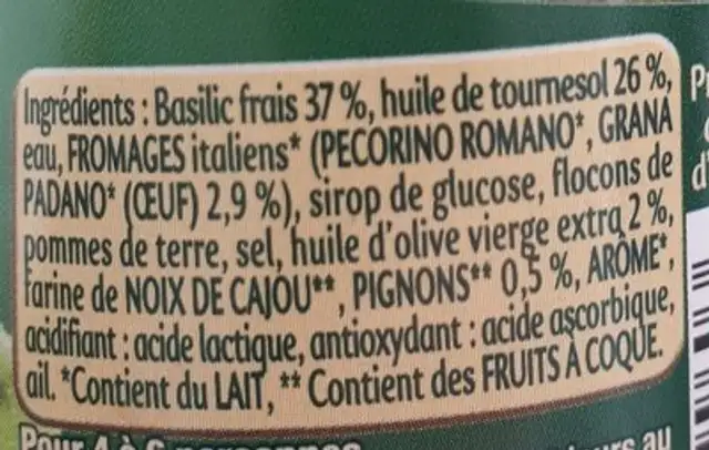 Pesto ingredients label