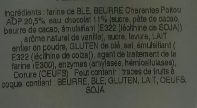 Pains choc plaisir ingredients label