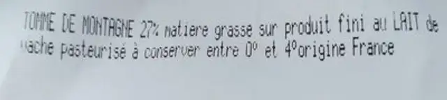 Tomme de montagne ingredients label