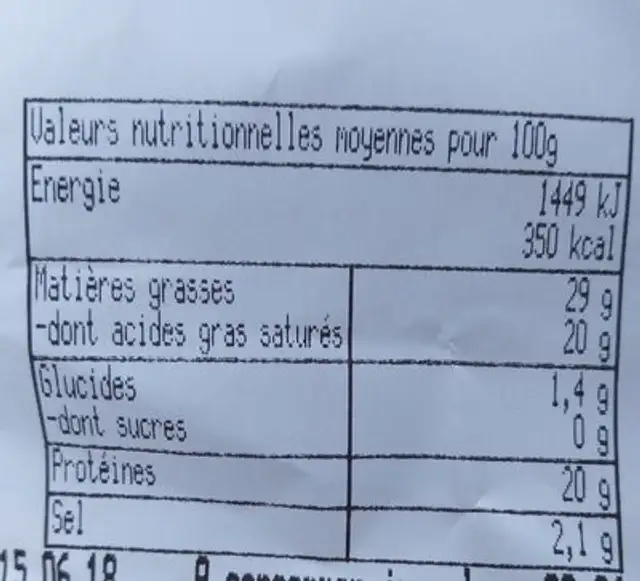 Tomme de montagne nutrition facts table