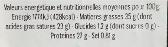 Comte 24 mois nutrition facts table