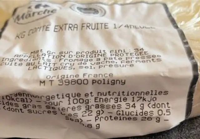 Comté nutrition facts table