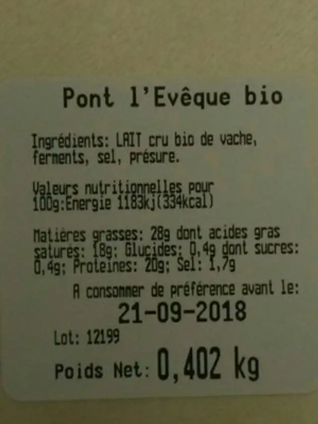 Pont l'évêque AOP au lait cru ingredients label