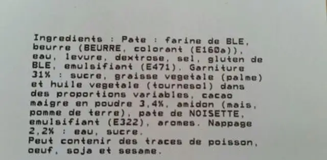 Fripons au chocolat ingredients label